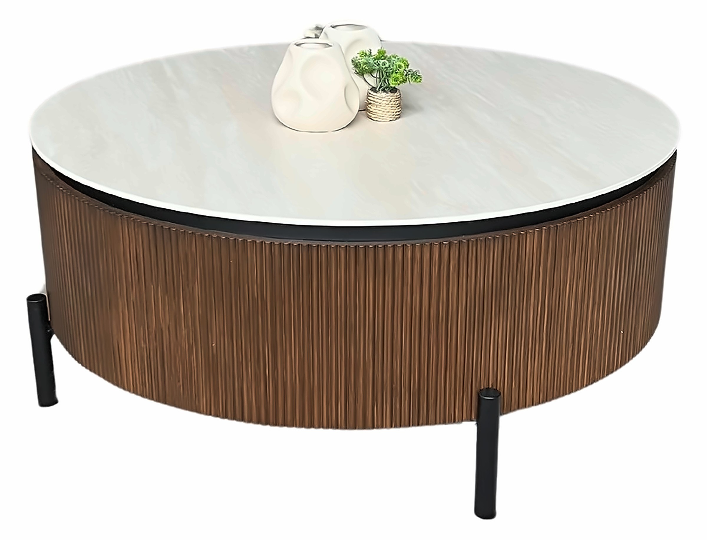 Couchtisch Aqua Ø 100 cm, Keramik Beige, Gestell Braun – Ansicht 1